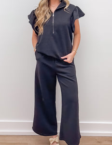 Broken Down Ruffle Top and Pants Set in Black