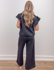 Broken Down Ruffle Top and Pants Set in Black