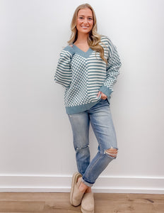 See The Sky Frenchy Checker Pattern Drop Shoulder in Ivory/Blue