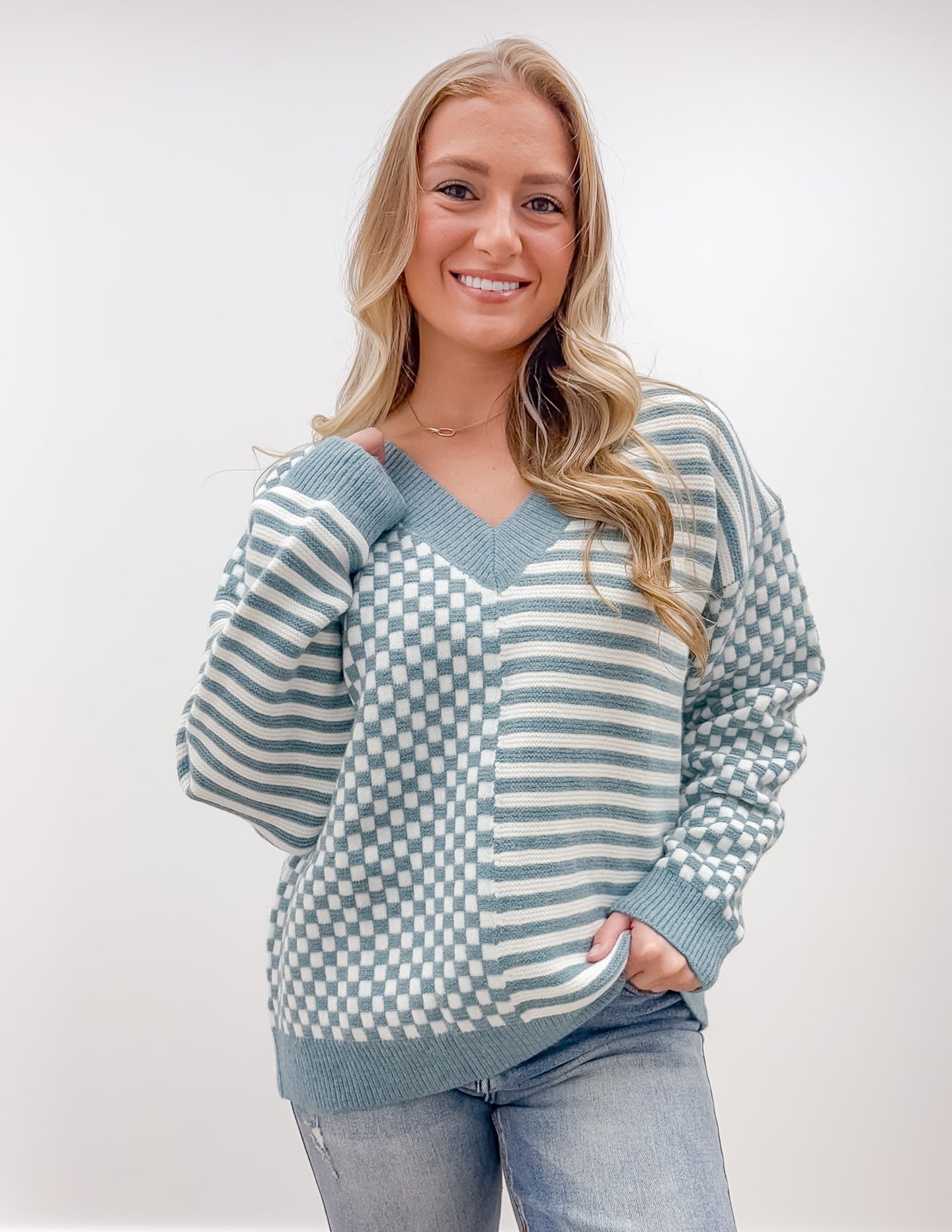 See The Sky Frenchy Checker Pattern Drop Shoulder in Ivory/Blue