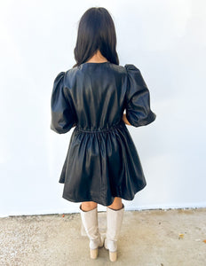 Half of My Heart Pleather Puff Sleeve Dress