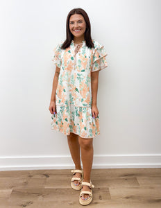 Swept Off My Feet Flutter Sleeve Floral Dress in Orange