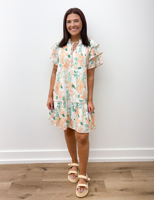 Swept Off My Feet Flutter Sleeve Floral Dress in Orange