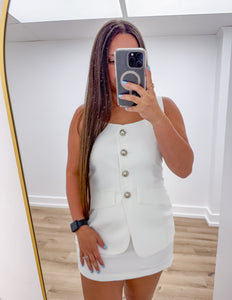 Last Night Lonely Button Down Sleeveless Blazer Romper in Off White