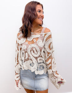 She Tried Crochet Lace Flared Sleeves Top