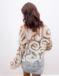 She Tried Crochet Lace Flared Sleeves Top