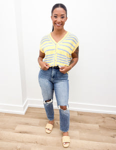 Spring Days Stripped Button-Up Sweater Top in Lemon/Blue