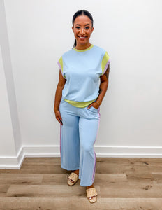 Crazy And Cute Colorblock Pullover And Pants Set in Sky Blue