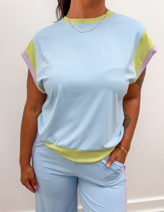Crazy And Cute Colorblock Pullover And Pants Set in Sky Blue
