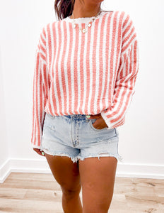 Take Me Home Striped Round Neck Sweater in Ivory/Mauve
