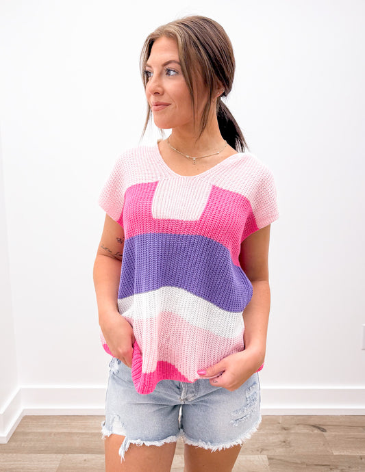 Show Yourself Knit V-Neck Top in Pink/Purple