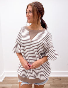 On My Way Striped Top With Ruffle Sleeves in Parchment