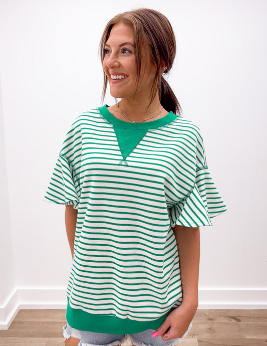 On My Way Striped Top With Ruffle Sleeves in Bright Green