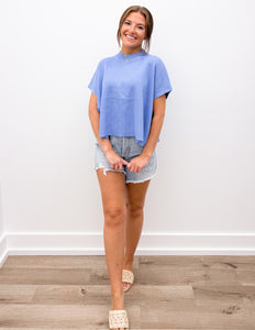 The Way I Feel Mock Neck SS Boxy Sweater Top in Cornflower Blue
