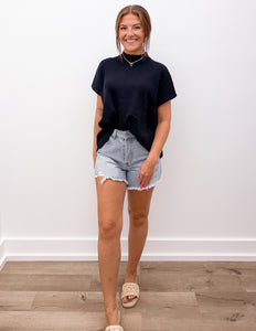 See Forever Mock Neck SS Boxy Sweater in Black