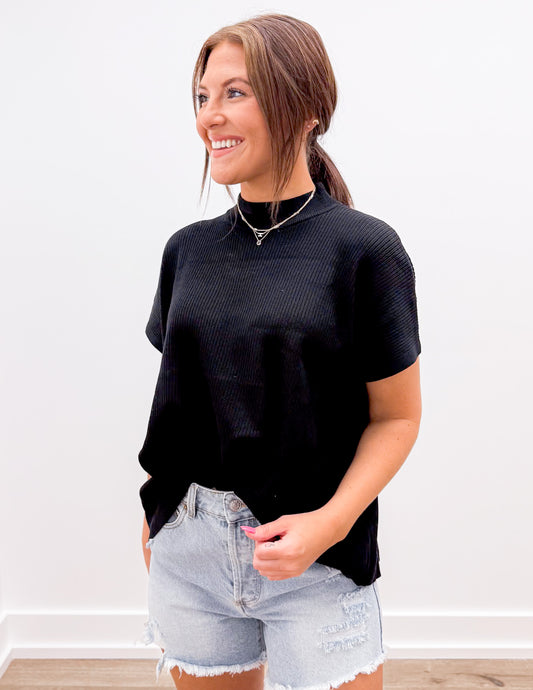 See Forever Mock Neck SS Boxy Sweater in Black