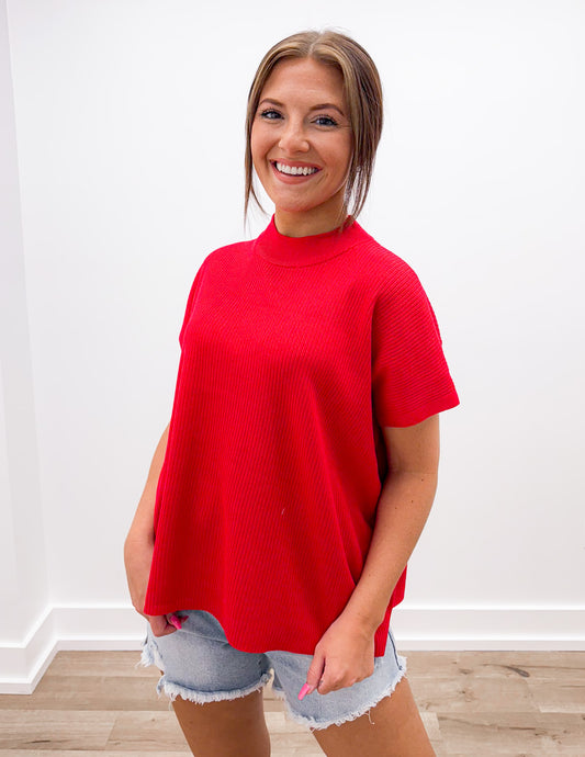 See Forever Mock Neck SS Boxy Sweater in Ruby