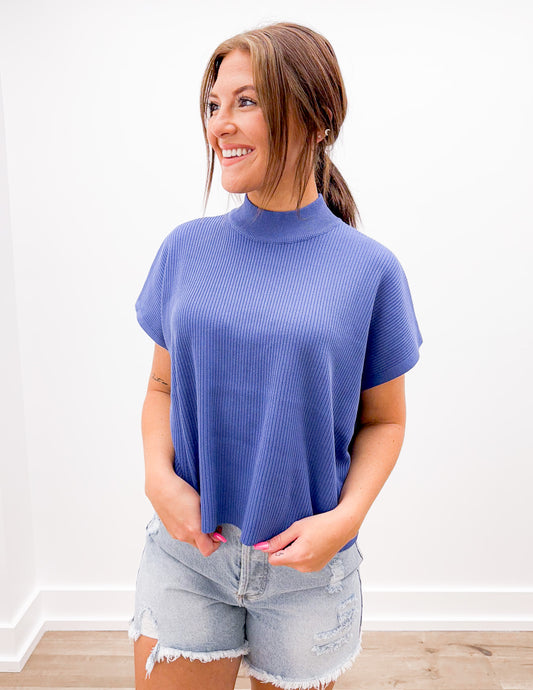 The Way I Feel Mock Neck SS Boxy Sweater Top in Marlin