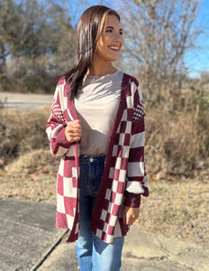 Checkerboard Loose Fit Cardigan Burgundy