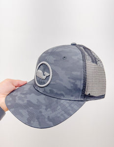 Vineyard Vines Camo Whale Dot Trucker Hat in Gray Harbor