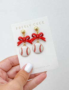 Bow Sporty Baseball Earrings - Red Bow