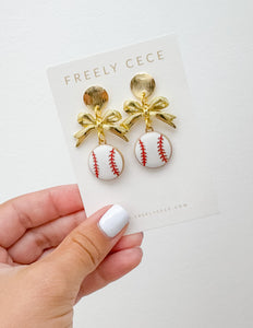 Bow Sporty Baseball Earrings - Gold Bow