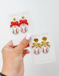Bow Sporty Baseball Earrings - Red Bow