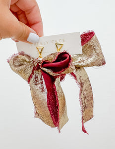 Hand Tied Ribbon Bow Earrings - Maroon/Gold