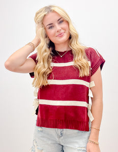 Never Fall In Love Side Tie SS Knit Sweater in Burgundy