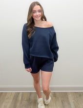 Load image into Gallery viewer, Ocean Drive- Essential Fleece Off Shoulder Top in Navy
