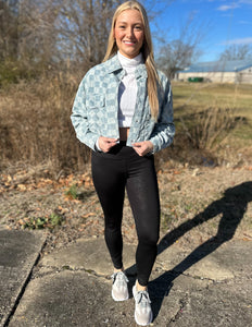 Checkerboard Print Cropped Denim Jacket