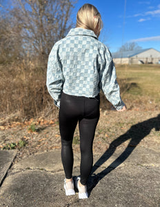 Checkerboard Print Cropped Denim Jacket