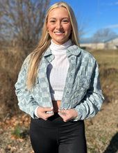 Load image into Gallery viewer, Checkerboard Print Cropped Denim Jacket