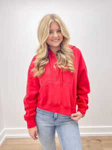 Loving How I Am Living Basic Fleece Half Zip Hoodie in Red