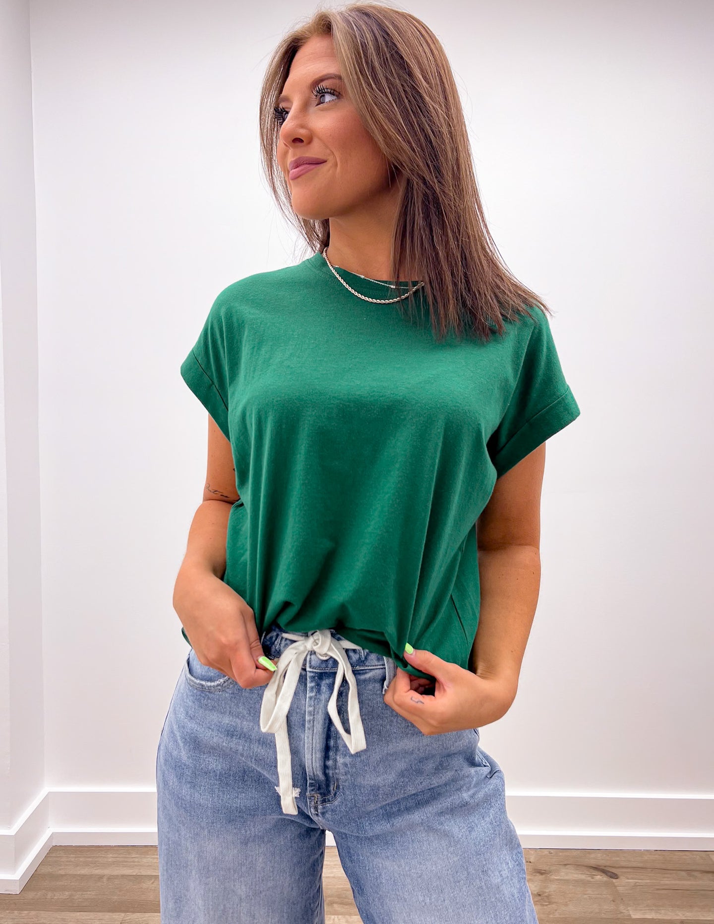 That's Crazy Round Neck Folded SS Top in Dark Green