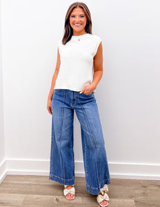 Turn It Up High Rise Pin Tuck Detail Wide Leg Jeans