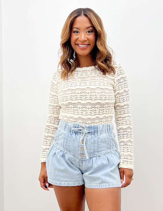 Believe In Me Ruffle Detail Flower Lace Top in Cream
