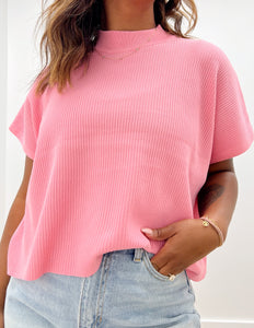 The Way I Feel Mock Neck SS Boxy Sweater Top in Dark Pink