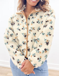 Remember Me Floral Print Fleece Jacket in Cream/Khaki