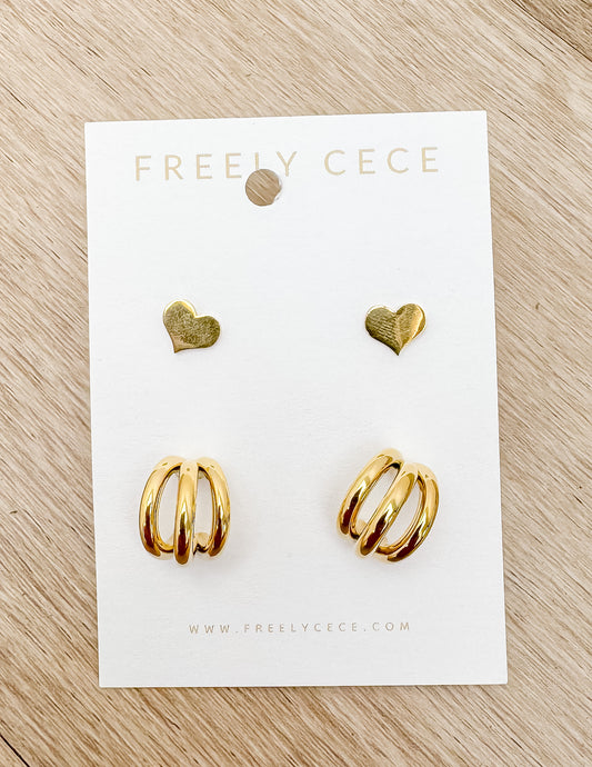 Double Gold Studs- 3 Strand Hoops and Closed Hearts