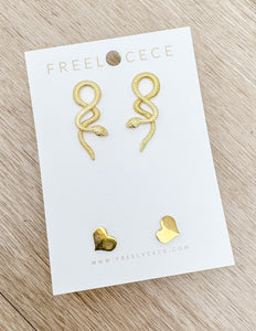 Double Gold Studs- Snakes and Hearts