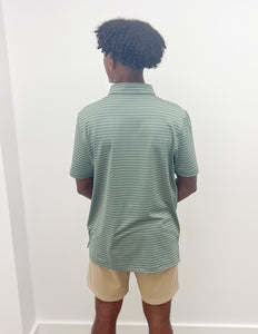 Southern Point Co. Horizon Stripe Performance Polo in Duck Green/Sandstone
