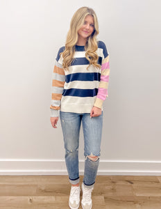 Looking At Me Color Block Stripe Mix Sweater Navy/Multi
