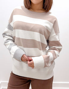 Looking At Me Color Block Stripe Mix Sweater Taupe/Grey