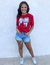 Load image into Gallery viewer, Ole Miss Coquette Powder Blue Bow Graphic Tee