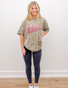 Maroon State Script On Bottomland Camo SS Tee