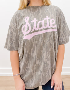 Pink State Script On Bottomland Camo SS Tee