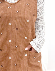 Loving Me Floral Embroidered Corduroy Overall Dress