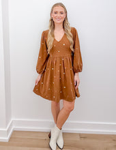 Load image into Gallery viewer, Same As Me Floral Embroidered Corduroy Mini Dress in Mocha