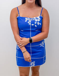 For The First Time Grid Floral Print Mini Dress in Cobalt Blue